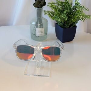 Clear Frame Sunglasses with Mirrored Orange-Red Lenses